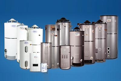 Tank water heaters lined up side by side on blue background.